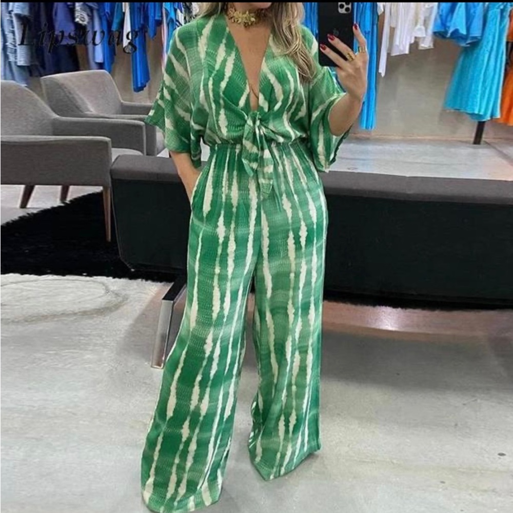 Brand New Green & white front tie jumpsuit